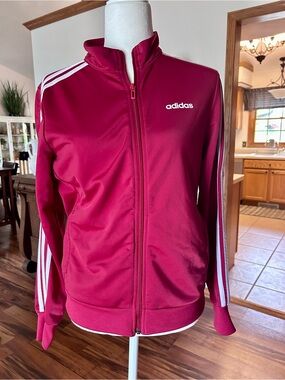 adidas Women's Red Zip-Up Track Bomber Jacket with White Stripes